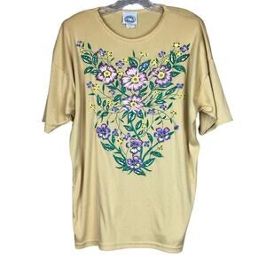Vintage Women T Shirt Sz M Floral Flower Beaded Shoulder Pads Yellow Art To Wear